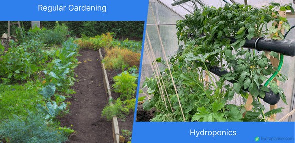 Image showing space comparison of regular gardening and hydroponics