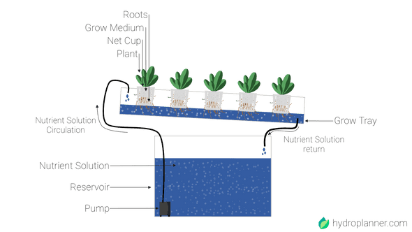 'Hydroponics Nutrient-Film-Technique (NFT) System with Reservoir, Pump, Nutrient solution, Nutrient circulation, plants, netcup, growth medium and grow tray'